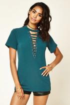 Forever21 Women's  Hunter Green Lace-up Boxy French Terry Top