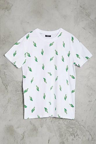 21 Men Men's  White & Green Cactus Print Tee