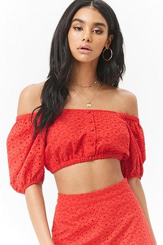 Forever21 Floral Eyelet Off-the-shoulder Peasant Crop Top