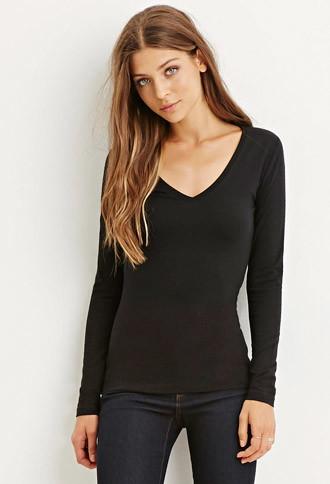 Forever21 Women's  Black Long Sleeve V-neck Tee