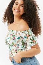 Forever21 Off-the-shoulder Smocked Tropical Crop Top
