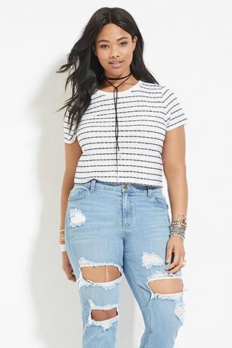 Forever21 Plus Women's  White & Navy Plus Size Striped Tee