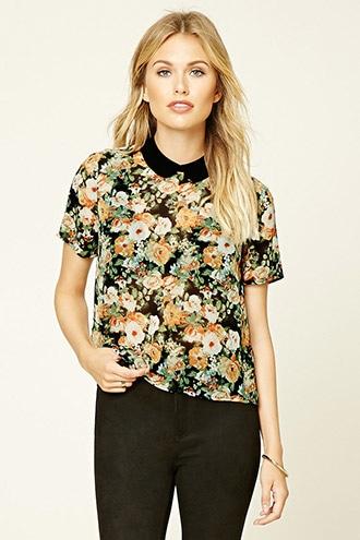 Love21 Women's  Black & Peach Contemporary Floral Print Top