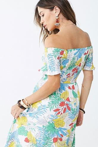Forever21 Tropical Smocked Off-the-shoulder High-low Dress
