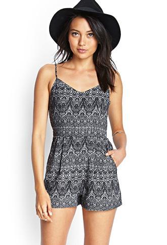 Forever21 Abstract Tribal Print Romper Grey/black Small