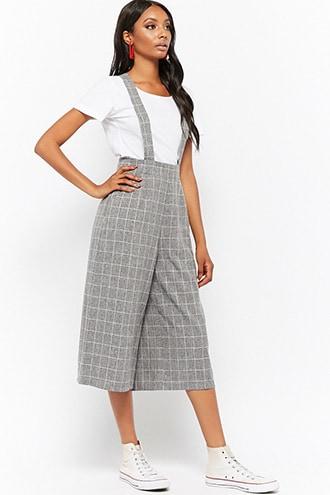Forever21 Marled Grid Print Suspender Pants