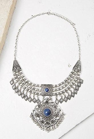 Forever21 Medallion Bib Necklace (antic Silver/blue)