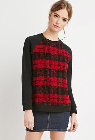 Forever21 Fuzzy Plaid Paneled Sweatshirt