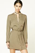 Forever21 Women's  Olive Satin Button-front Shirt Dress