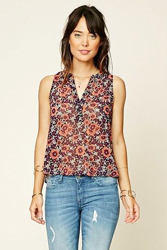 Forever21 Women's  Purple & Pink Floral Print Top