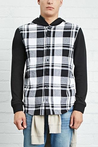 21 Men Men's  White & Black Hooded Plaid Flannel Shirt