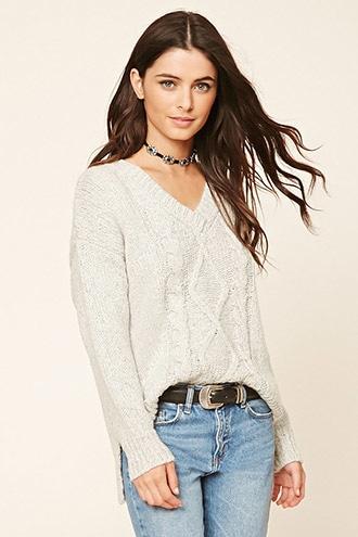 Forever21 Women's  V-neck Cable Knit Sweater