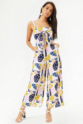 Forever21 Leaf Print Tie-front Jumpsuit