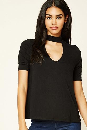 Forever21 Women's  Black Mock Neck Keyhole Cutout Top