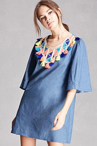 Forever21 Velzera Tassel Chambray Dress