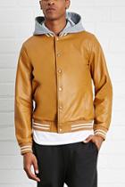 21 Men Men's  Taupe Hooded Faux Leather Jacket
