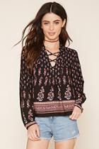 Forever21 Women's  Black & Brown Collared Lace-up Top