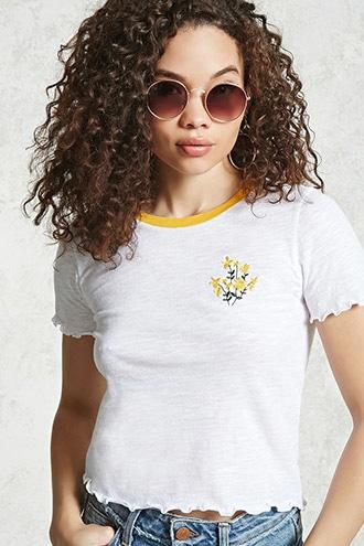 Forever21 Lettuce Trim Floral Patch Tee