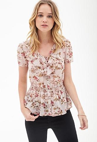 Forever21 Ruffled Floral Chiffon Blouse