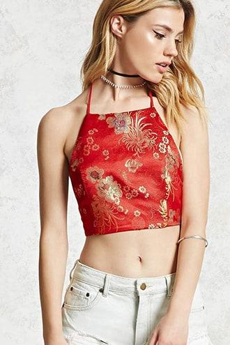 Forever21 Satin Floral Halter Crop Top