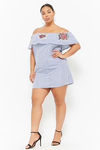 Forever21 Plus Size Embroidered Striped Off-the-shoulder Dress