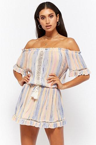 Forever21 Vintage Havana Multi-striped Off-the-shoulder Mini Dress