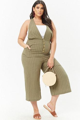 Forever21 Plus Size Linen-blend Pinstriped Jumpsuit