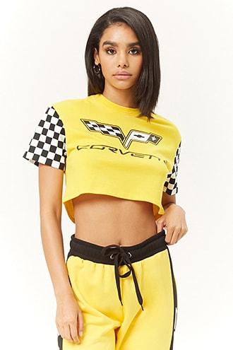Forever21 Corvette Checkered Sleeve Crop Tee