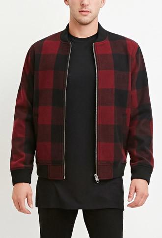 21 Men Buffalo Plaid Bomber Jacket