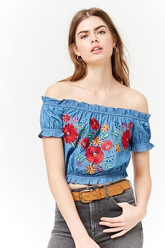 Forever21 Floral Embroidered Chambray Crop Top