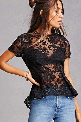 Forever21 Sheer Embroidered Peplum Top