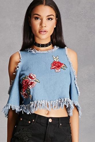Forever21 Floral Denim Open-shoulder Top