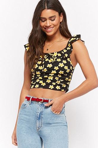 Forever21 Off-the-shoulder Floral Ruched Crop Top