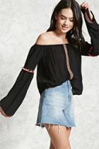 Forever21 Embroidered Pom Pom Peasant Top
