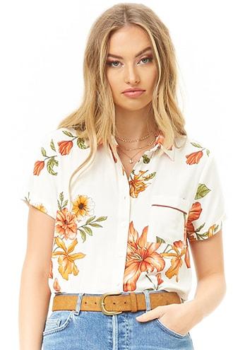 Forever21 Curved-hem Floral Print Shirt