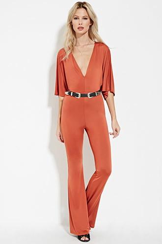 Forever21 Women's  Rust V-neck Flared Jumpsuit