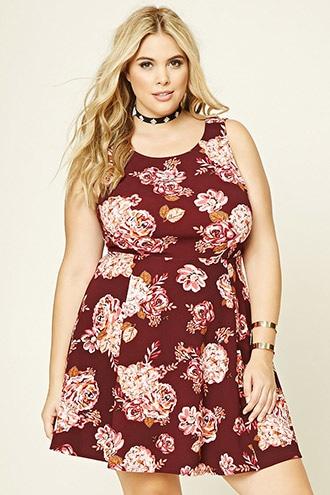 Forever21 Plus Women's  Burgundy & Mauve Plus Size Floral Skater Dress