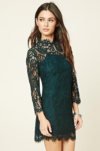 Forever21 Women's  Hunter Green Eyelash Lace Mini Dress