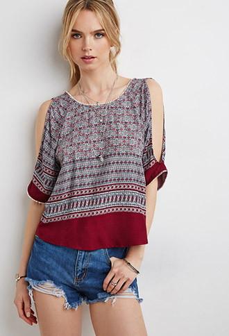 Forever21 Ornate Print Open-shoulder Top