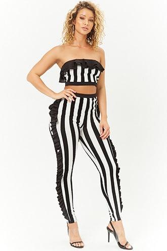 Forever21 Ruffle-trim Striped Tube Top & Pants Set