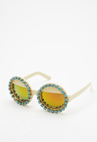 Forever21 Rad And Refined Bejeweled Round Sunglasses (cream/turquoise)