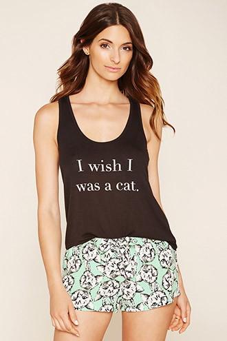 Forever21 Women's  Black & Cream I Wish I Was A Cat Pj Set
