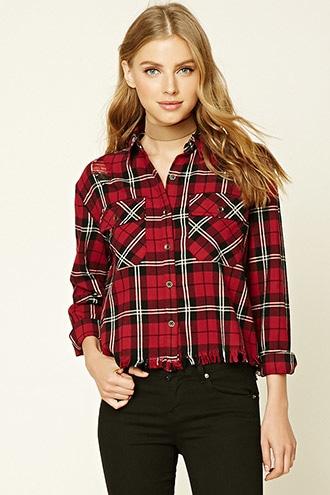Forever21 Women's  Red & Black Frayed-hem Buffalo Plaid Shirt