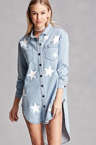 Forever21 Star Print Denim Shirt Dress