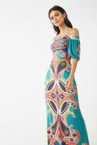 Forever21 Ornate Print Off-the-shoulder Top & Maxi Skirt Set