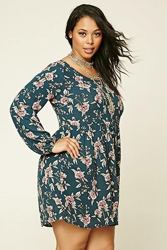 Forever21 Plus Women's  Hunter Green & Cream Plus Size Floral Print Dress