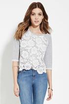 Forever21 Women's  Heather Grey & White Floral Crochet Sweatshirt