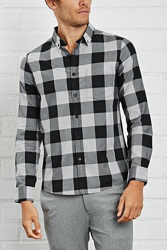 21 Men Men's Grey & Black Slim-fit Plaid Shirt