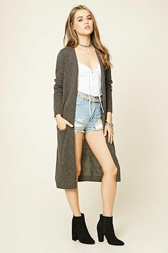 Forever21 Women's  Charcoal Longline Fuzzy Knit Cardigan