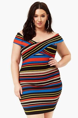 Forever21 Plus Size Ribbed Striped Off-the-shoulder Dress